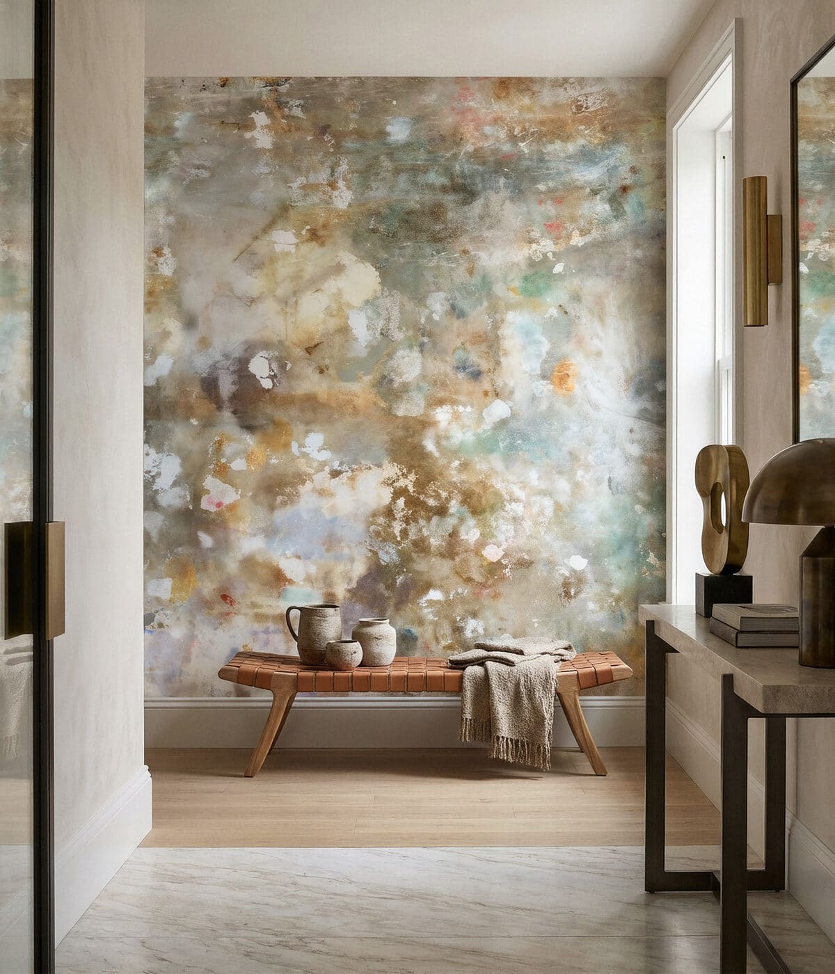 Elegant wallpapered interior with a large-scale wall mural